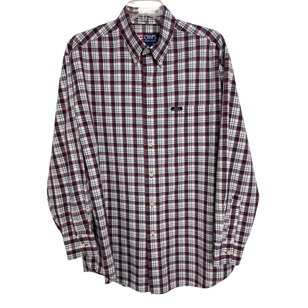 Chaps Ralph Lauren Button Down Mens Large Burgundy Plaid Casual Shirt Cotton D31